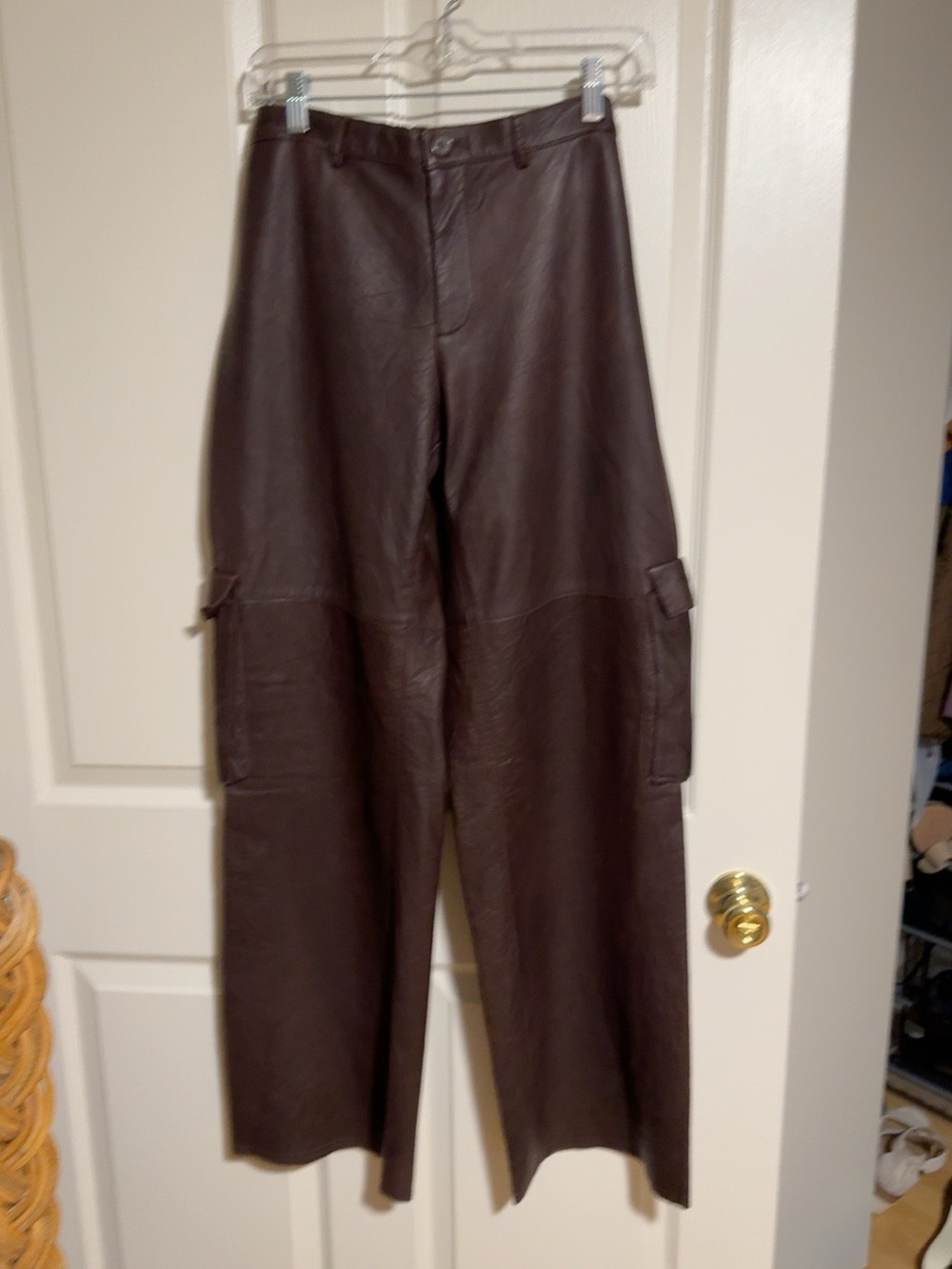 Women's Dark Brown Leather Boot-Cut Cargo Pants Jarbo